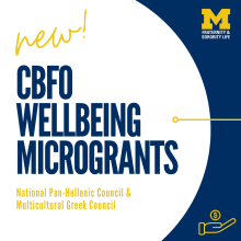 Text: New! CBFO Wellbeing Microgrants National Pan-Hellenic Council Multicultural Greek Council